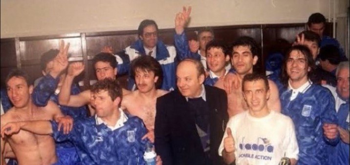 Greece national football team celebrate in the changing rooms after winning 1-0 in Hungary